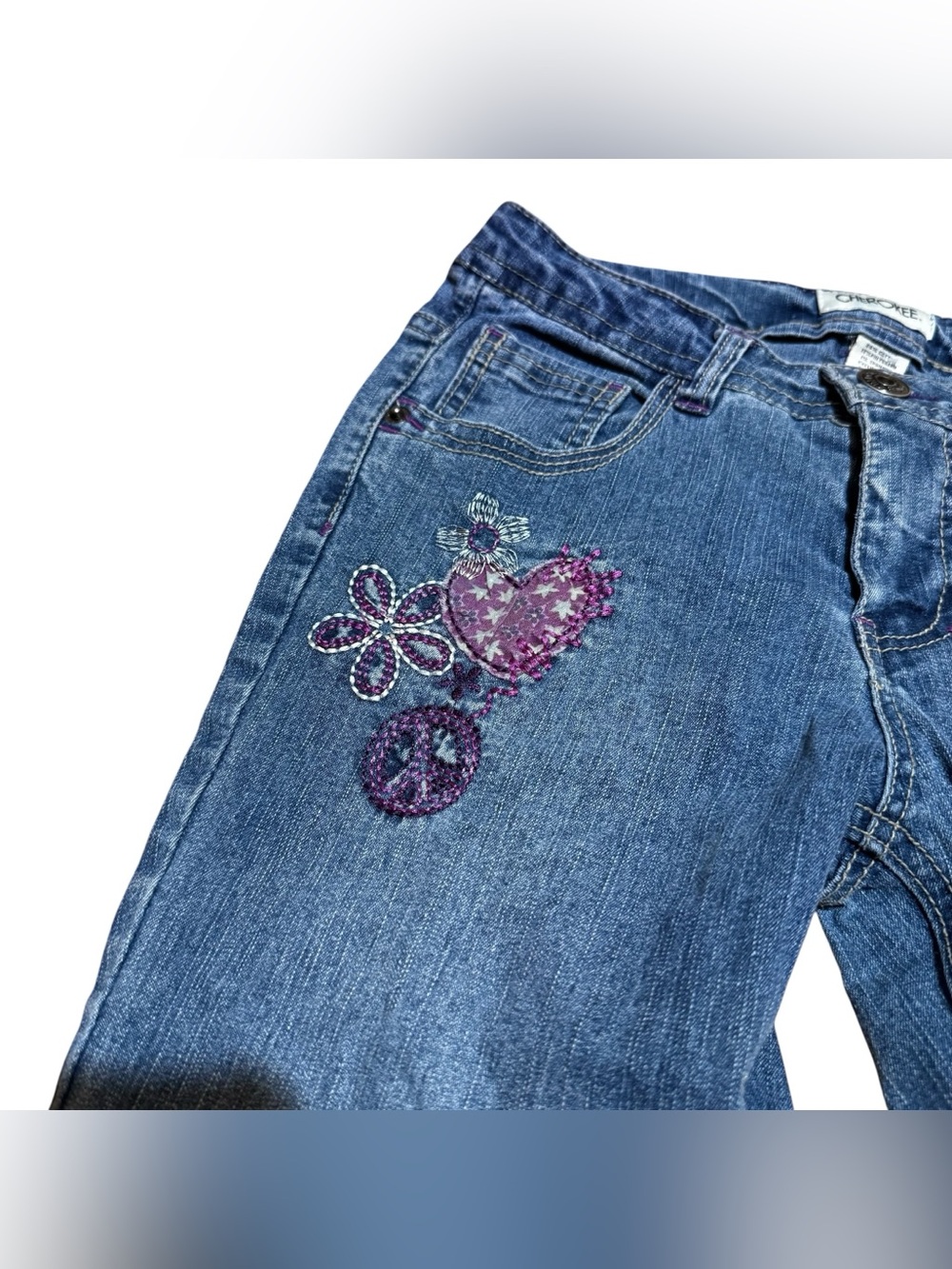 Y2K Cherokee Blue Denim Jeans Bootcut Purple Peace Floral Embroidery Western - Picture 4 of 10
